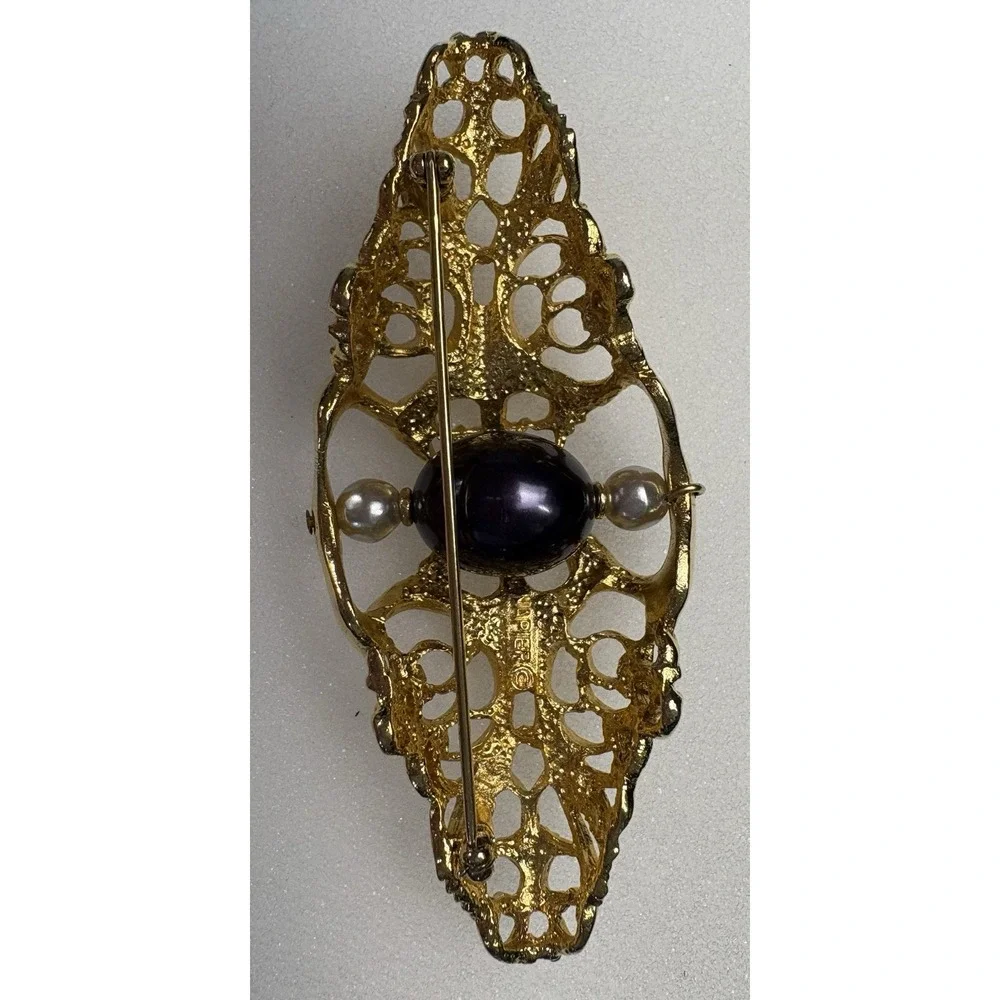 Vintage Napier 1980s Brooch Gold Filigree Faux Pearl Purple Cabochon Book Piece
